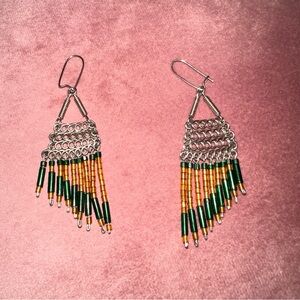 Green and yellow beaded dangling silver earrings